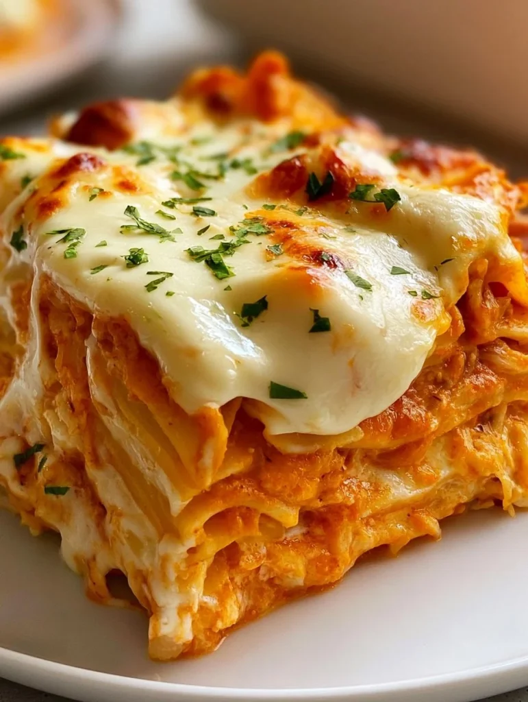 Lasaña de pollo con salsa buffalo y queso ranchero, una delicia culinaria