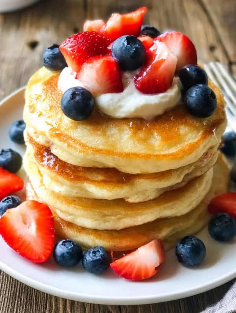 Panqueques esponjosos con queso crema en un plato
