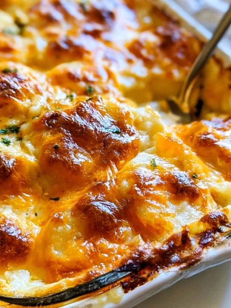 Plato de papas escalopadas con queso derretido y decoraciones frescas