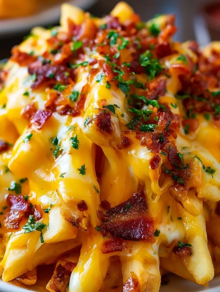 Papas fritas con queso derretido y trozos de tocino de pavo crujiente
