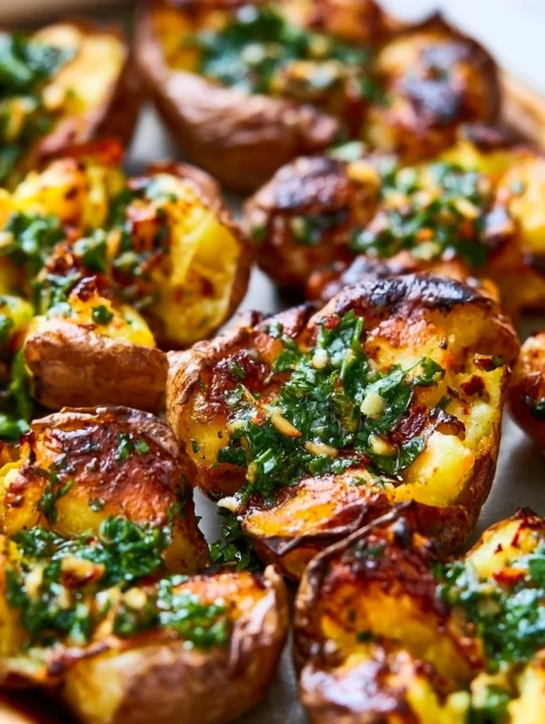 Papas nuevas aplastadas y crujientes al horno en un plato