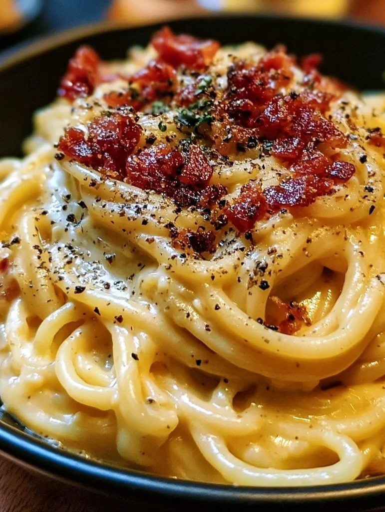 Plato de Pasta Carbonara con tocino en un tazón decorado con queso parmesano