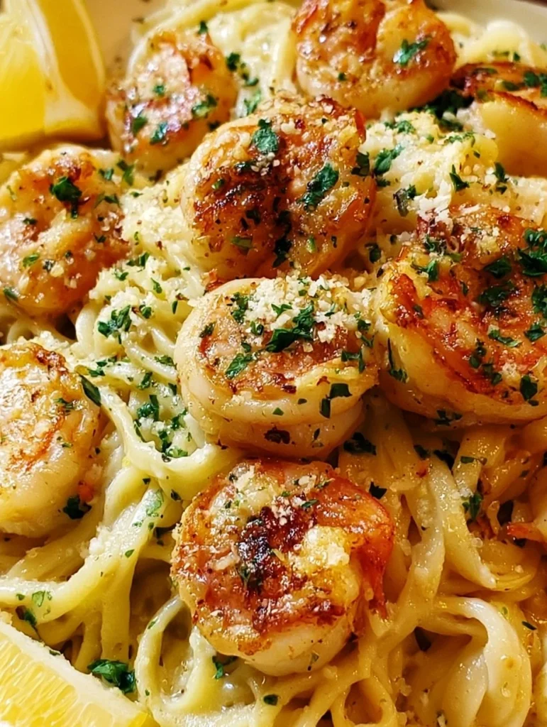 Pasta con camarones en salsa de mantequilla de ajo y limón, un platillo delicioso y fácil de preparar.