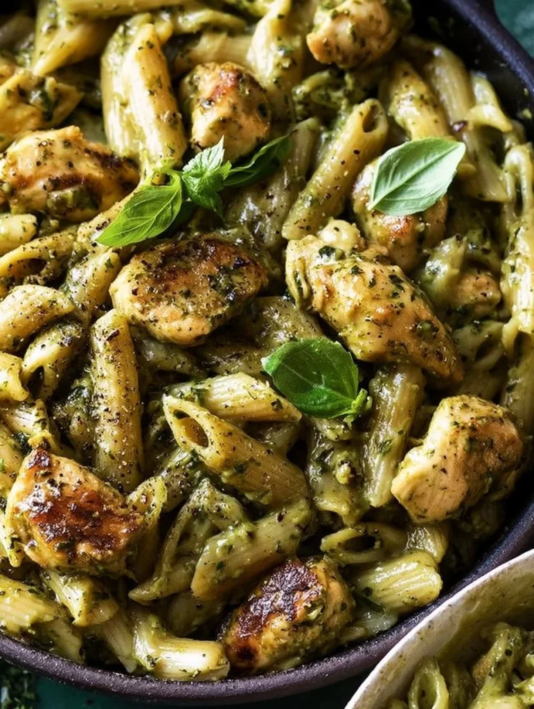 Plato de Pasta con Pollo y Pesto, receta deliciosa y fácil de preparar