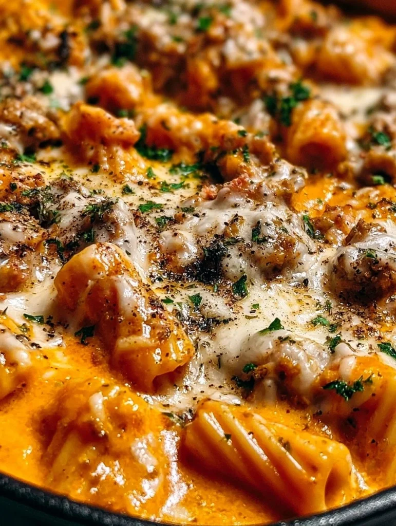Plato de Pasta Cremosa de Res Alta en Proteínas, ideal para una dieta balanceada.
