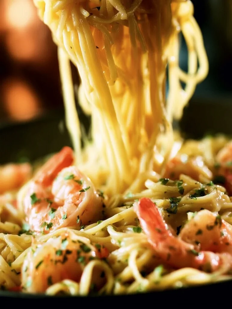 Plato de pasta de camarones y vieiras con salsa aromática