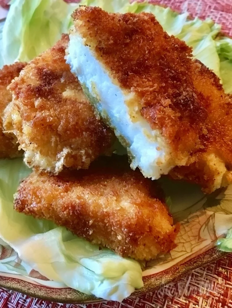 Plato de pechugas rellenas empanizadas servidas con guarnición colorida