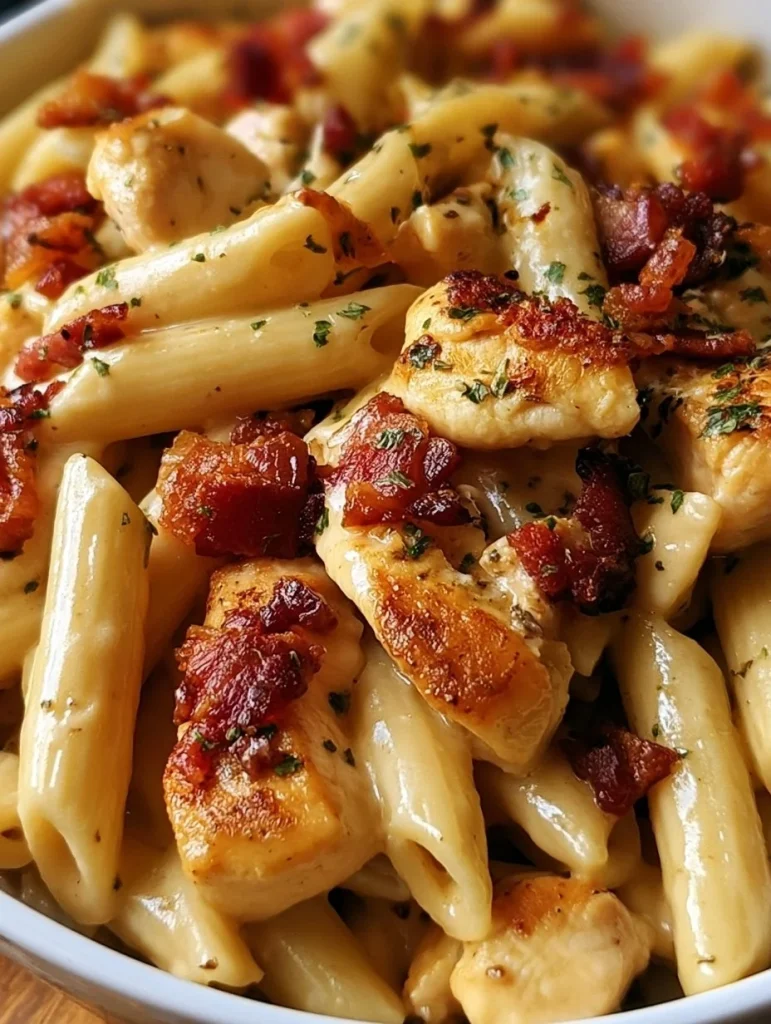 Penne de Pollo servido con salsa cremosa y hierbas frescas