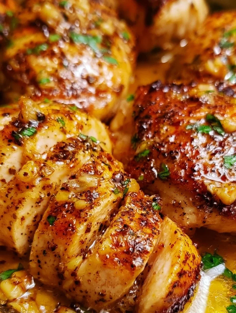 Pollo con mantequilla de ajo cocinándose en sartén dorada