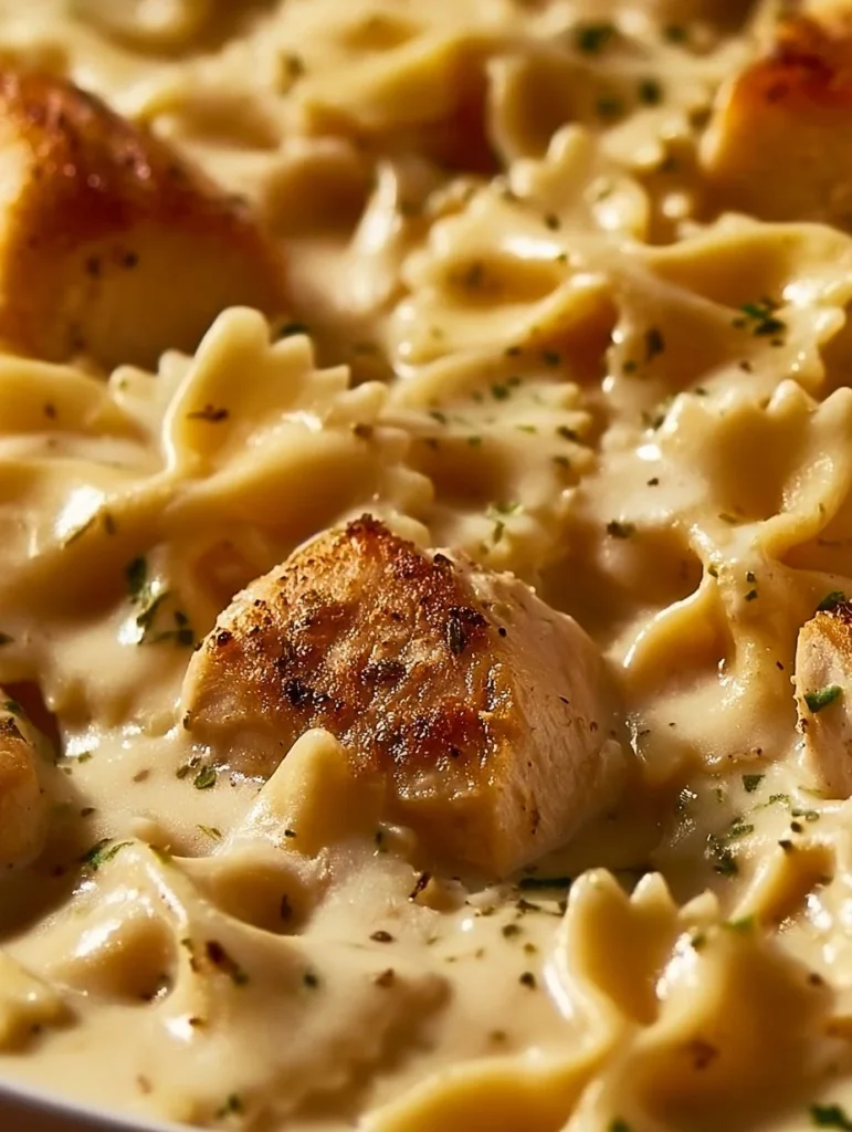 Plato de Pollo Crema con Pasta de Mariposa presentado en una mesa