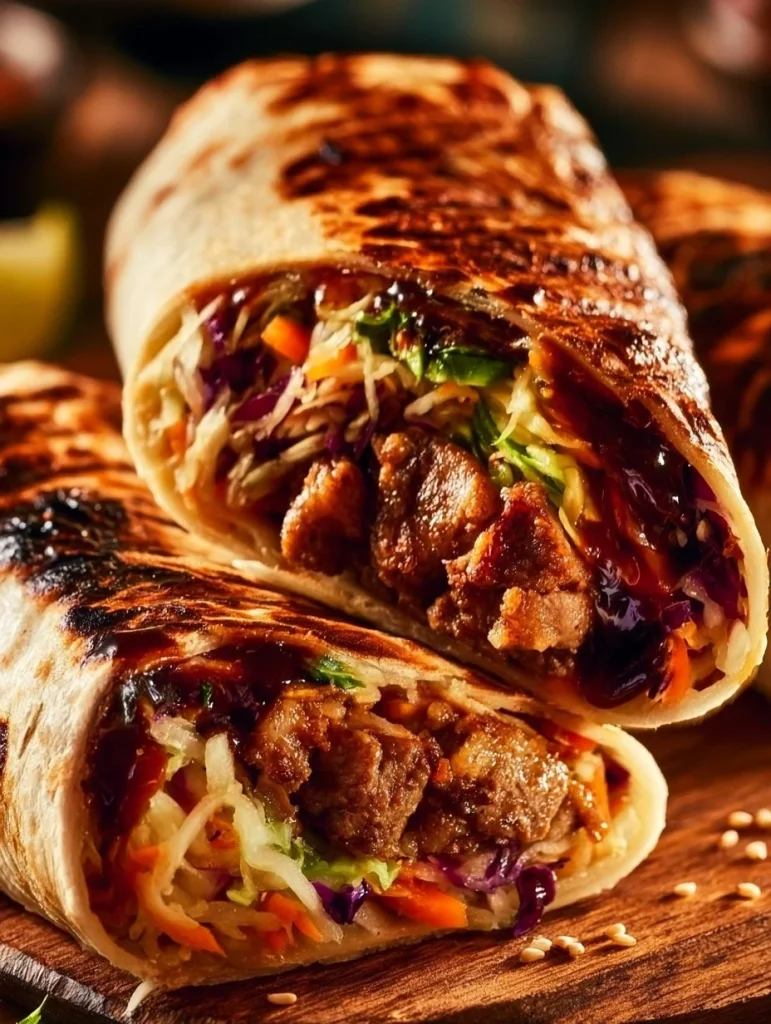Wrap de pollo teriyaki con vegetales frescos y salsa teriyaki.