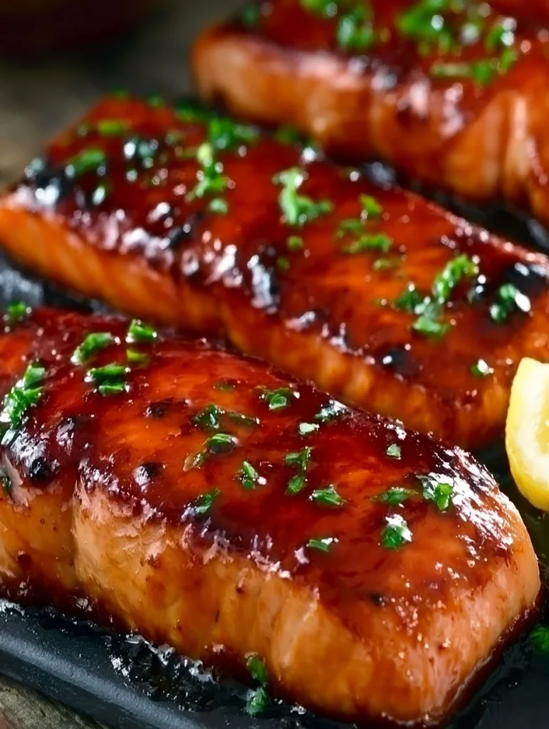 Plato de salmón glaseado con azúcar moreno, listo para servir.