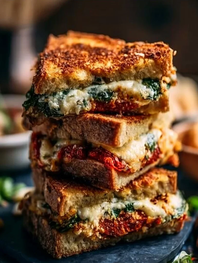 Sándwich de queso a la parrilla con feta y espinacas en un plato