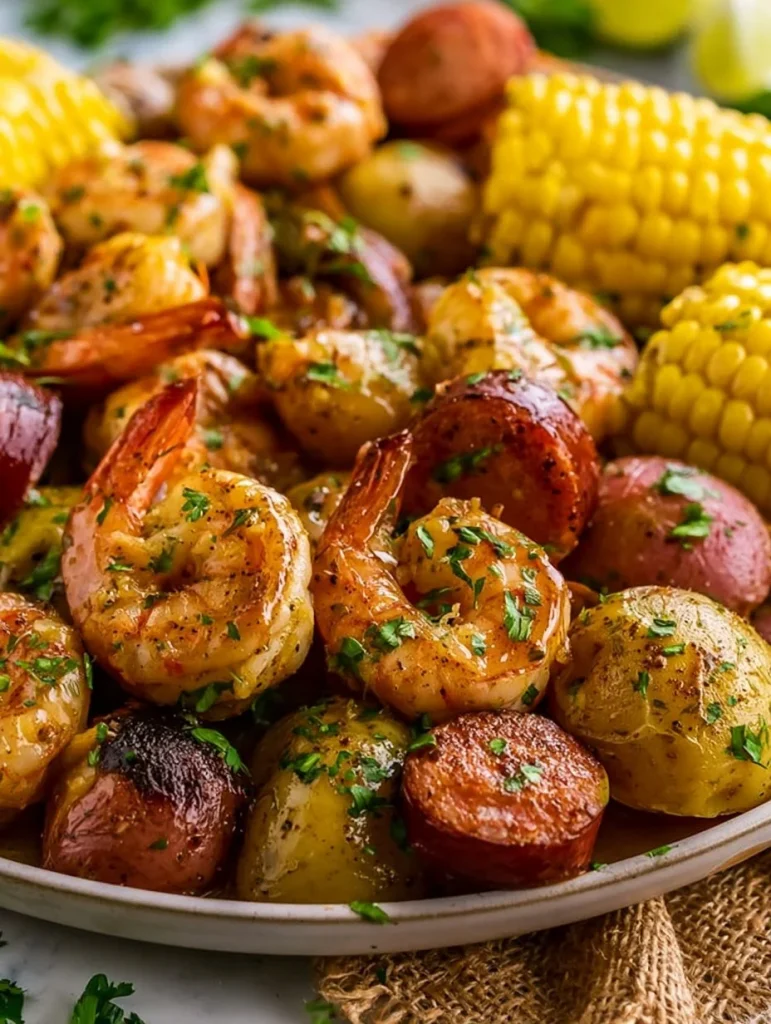 Plato de camarones hervido al estilo Low Country con especias y vegetales
