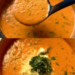 Sopa de Tomate y Albahaca en un bol con pan crujiente al lado