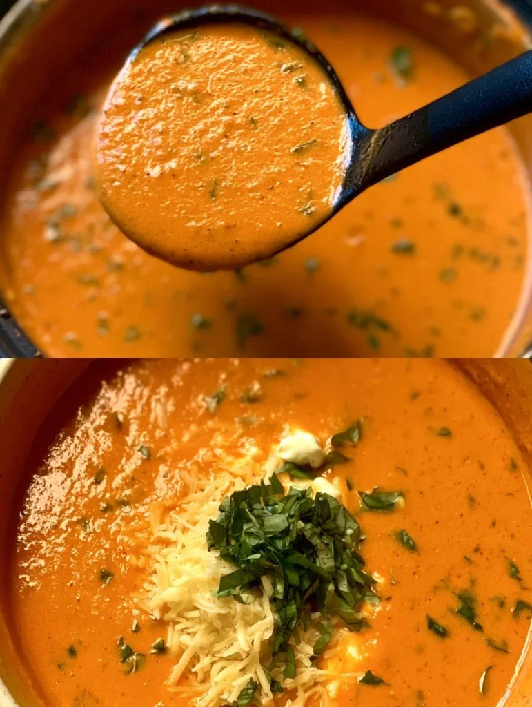 Sopa de Tomate y Albahaca en un bol con pan crujiente al lado
