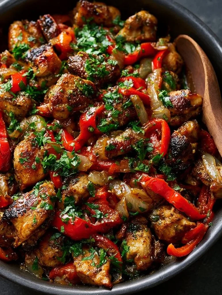 Stir Fry de Pollo Mediterráneo cocinado con verduras frescas y especias aromáticas