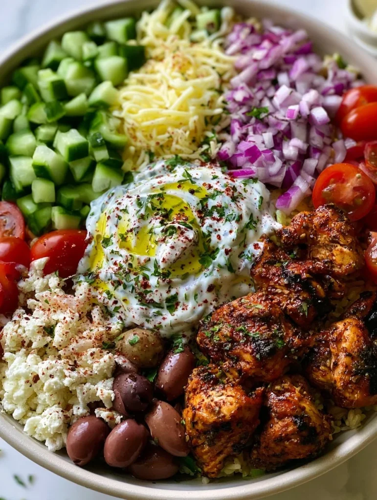 Tazón de Gyro de Pollo libre de gluten en un plato colorido