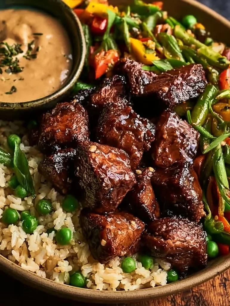 Tazón de filete hibachi preparado con verduras y salsa deliciosa