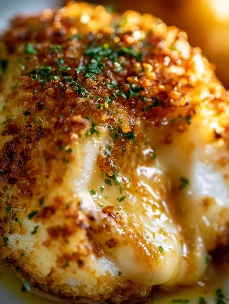 Tilapia con crosta de parmesano sobre un plato elegante