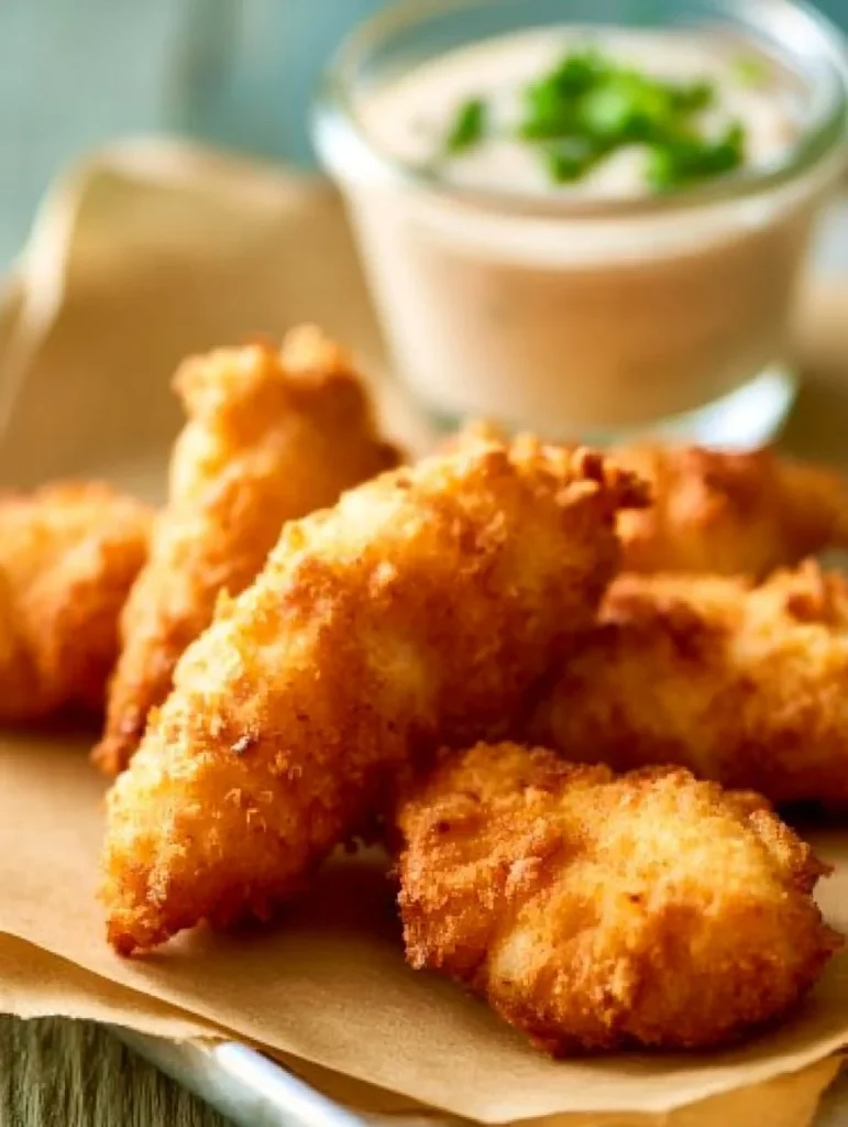 Tiras de pollo caseras crujientes y sabrosas servidas en un plato