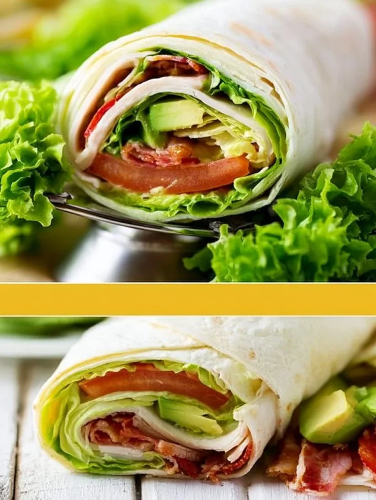 Wraps de pavo BLT frescos y saludables listos para servir.