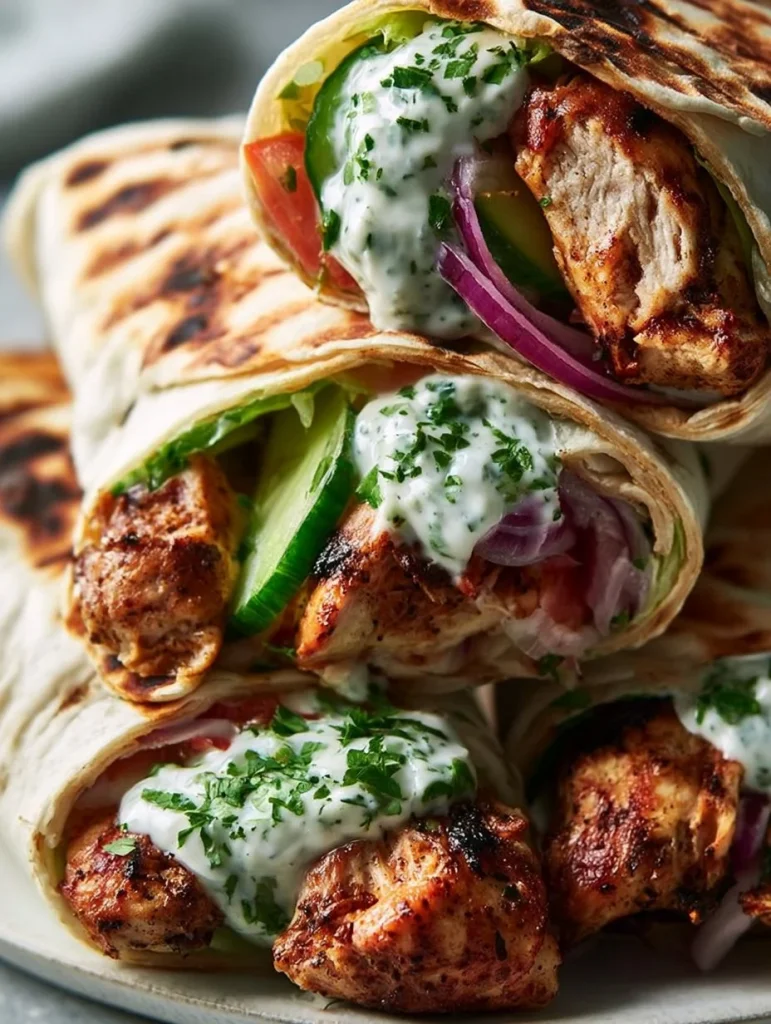 Deliciosos wraps de pollo griego con ingredientes frescos y saludables.