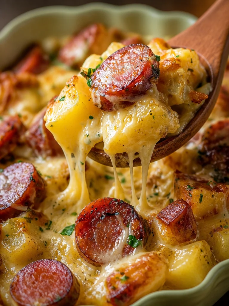 Cazuela de Papas con Queso y Salchichas Kielbasa