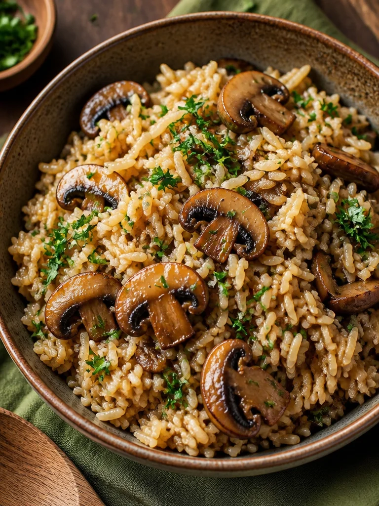 Plato de arroz con champiñones y hierbas frescas, listo para servir.