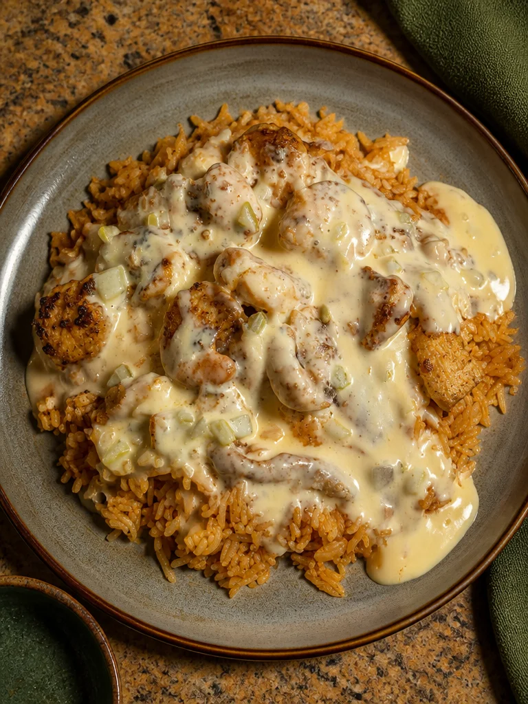 Plato de Arroz con Pollo y Camarones con arroz y queso, ideal para amantes de la cocina.
