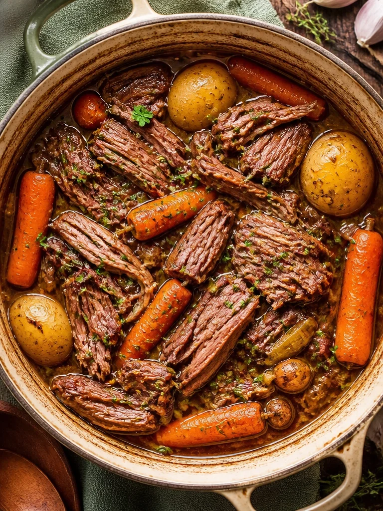 Asado en olla de cocción lenta listo para servir con guarniciones.