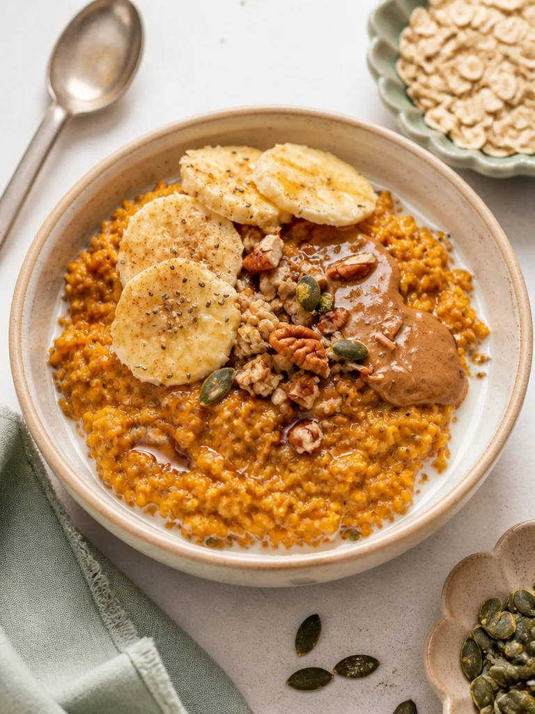 Tazón de avena rápida de calabaza, desayuno vegano y sin gluten.