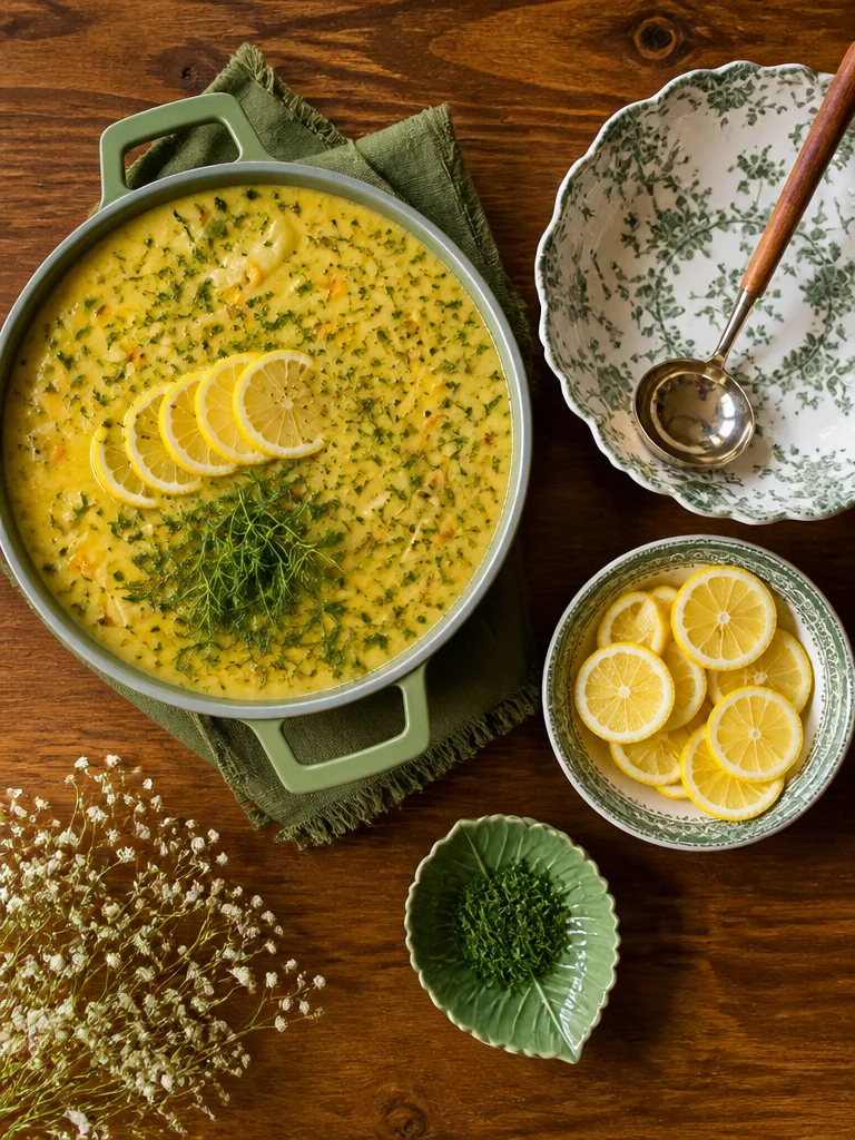 Tazón de Avgolemono, sopa de pollo con pasta griega