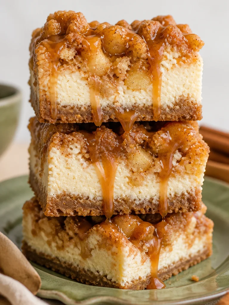 Barrillas de cheesecake de manzana crumble recién horneadas y decoradas