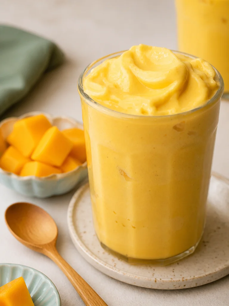 Batido de mango con leche de coco servido en un vaso