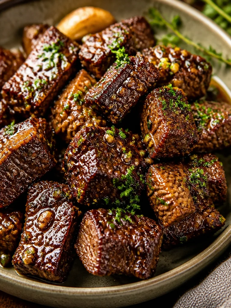 Bocados de filete con mantequilla y ajo servidos en un plato
