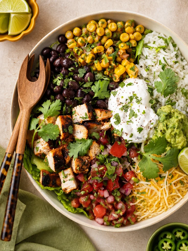 Bowl de burrito estilo Chipotle preparado en casa con ingredientes frescos.