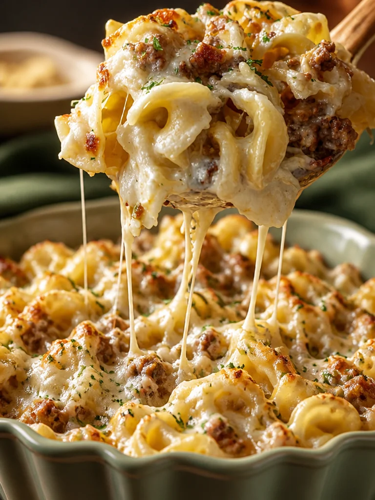 Casserole de fideos con carne de res y crema ácida en un plato