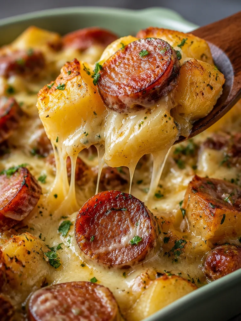 Cazuela de Patata con Queso y Salchicha Kielbasa, una deliciosa receta casera