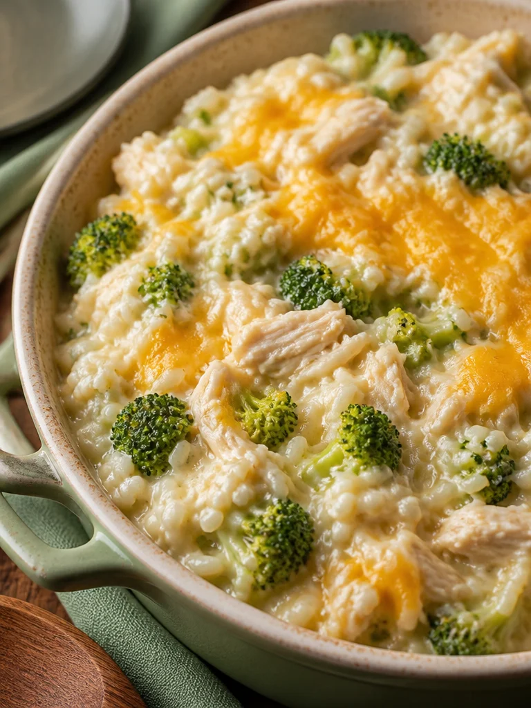Cazuela de pollo con brócoli y arroz gratinada