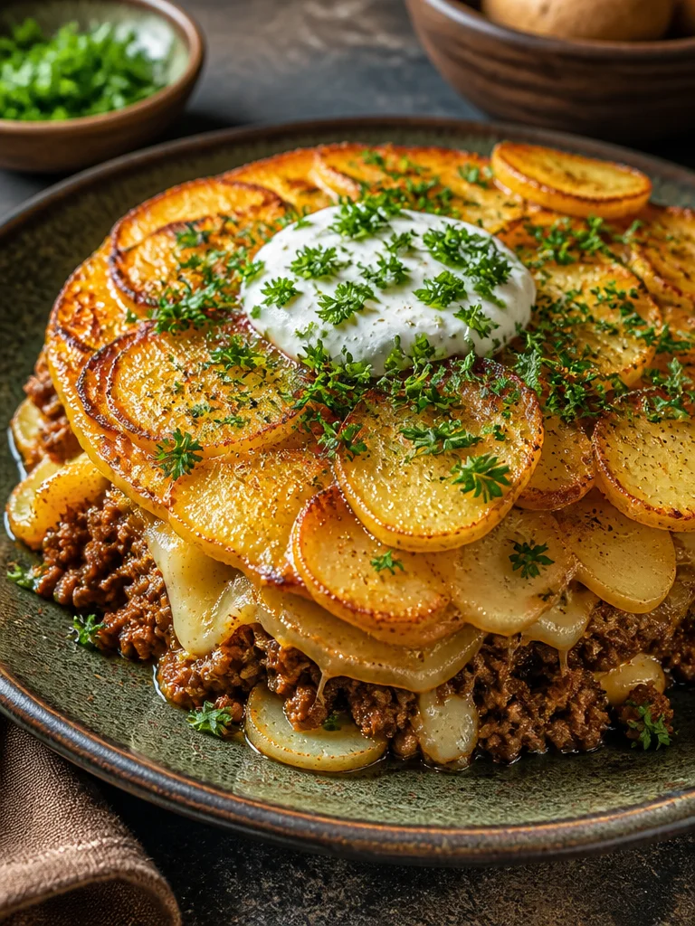 Cazuela saludable de carne y patatas en una mesa lista para la cena familiar