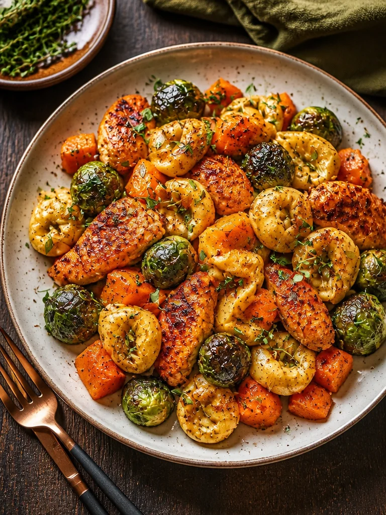 Cena de pollo de otoño con verduras asadas en un plato colorido y apetitoso.