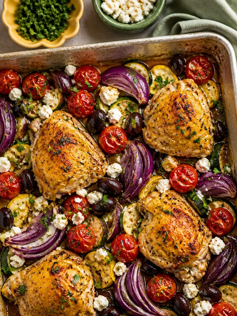 Cena griega de pollo en bandeja con verduras y especias.