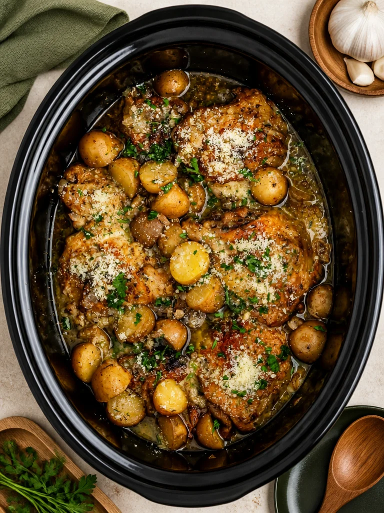 Deliciosos muslos de pollo al ajo y parmesano cocinados en olla de cocción lenta