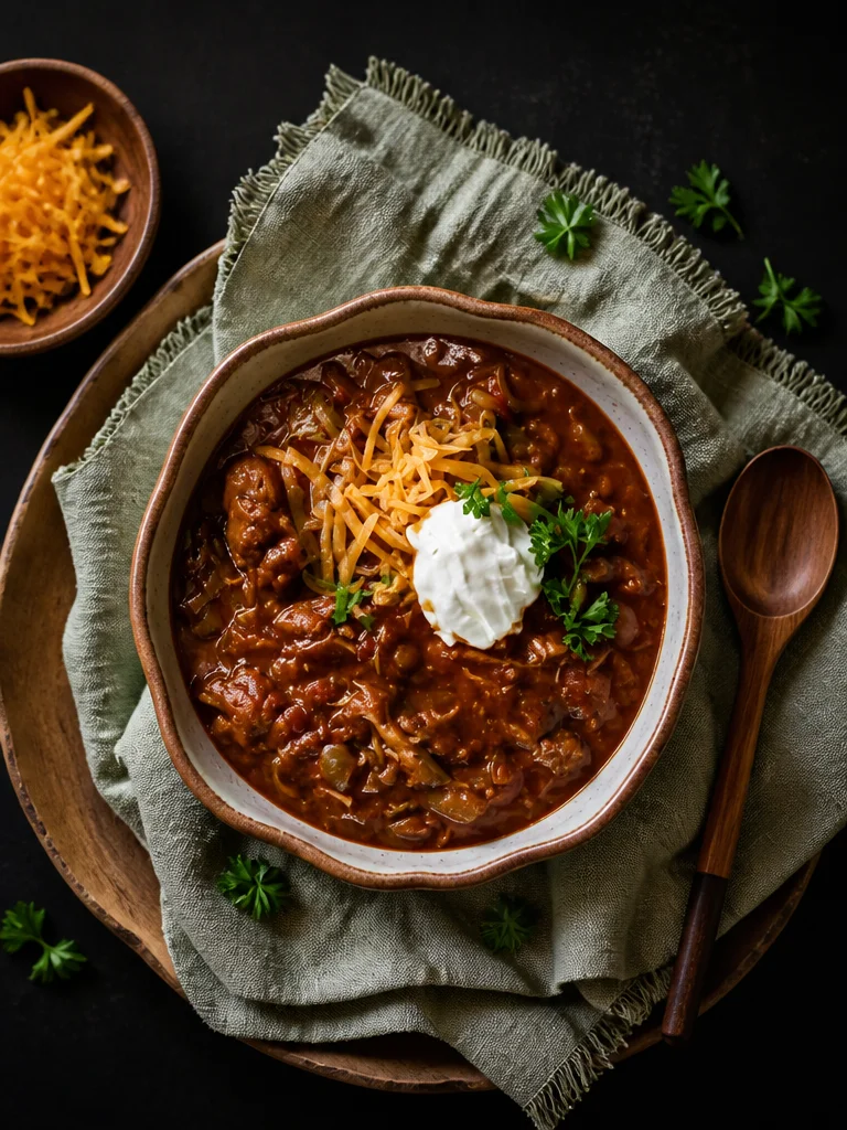 Chili de Pollo a la Barbacoa servido en un plato con guarniciones.