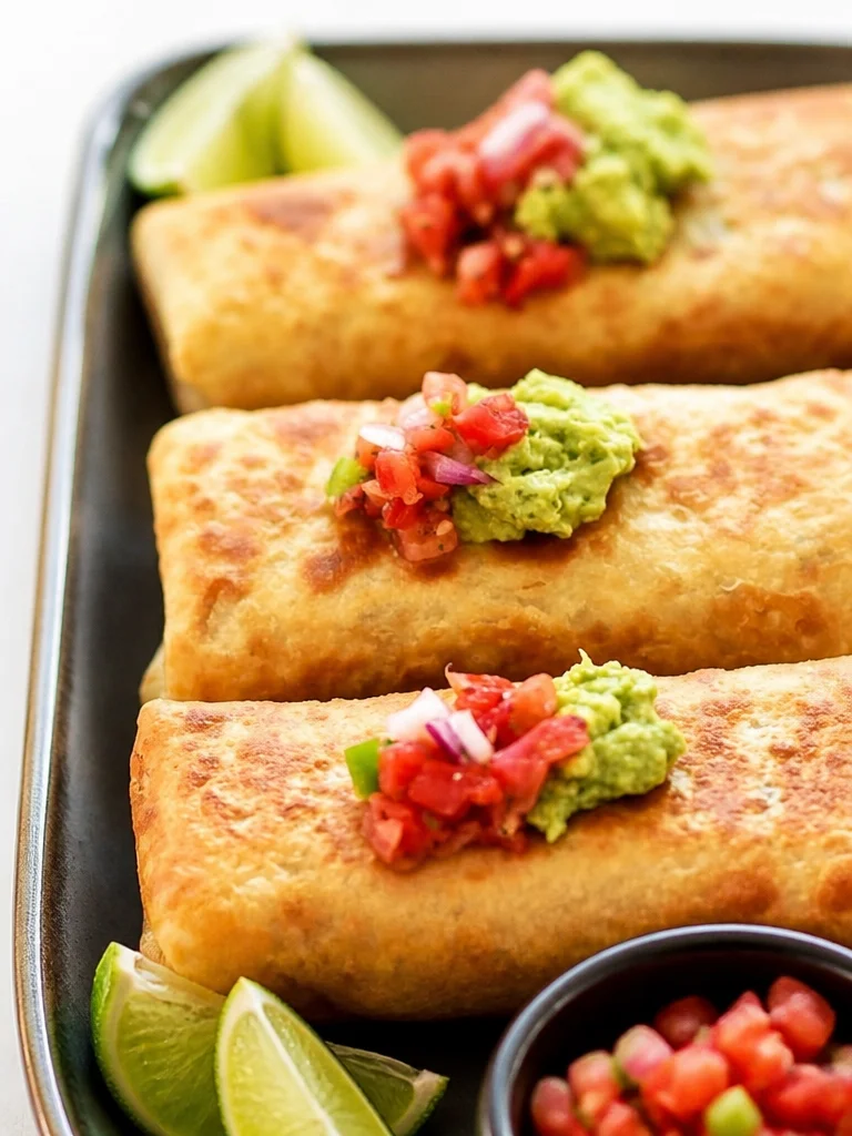 Chimichangas de pollo doradas y crujientes en un plato con guarnición.