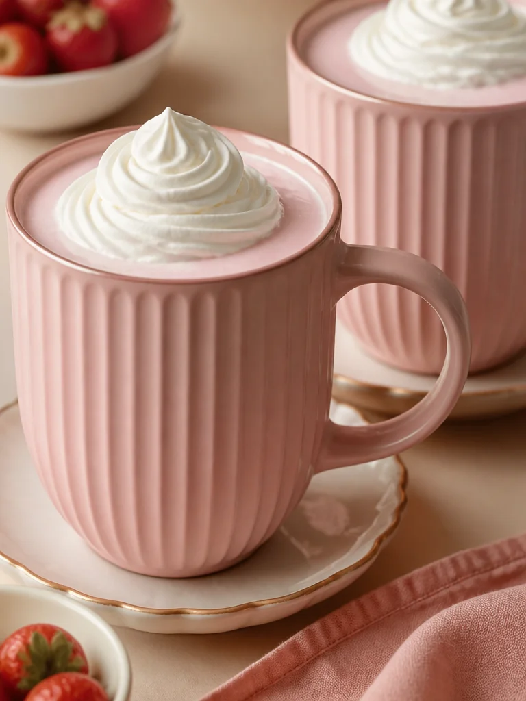 Taza de chocolate caliente blanco de fresa con crema batida casera en una mesa