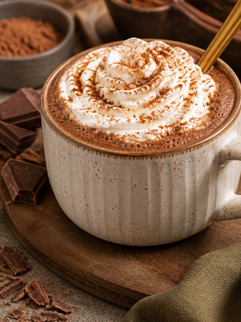 Chocolate caliente de calabaza cremoso y achocolatado en taza