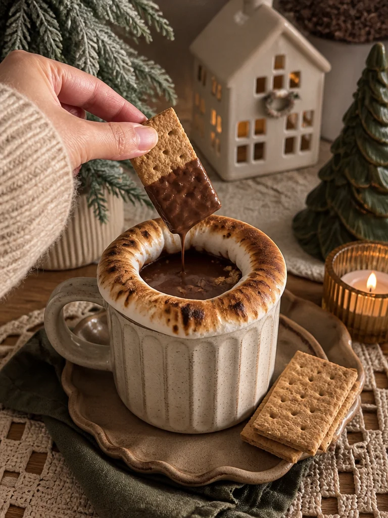 Chocolate Caliente S'mores servidos en una taza con malvaviscos y chocolate derretido.