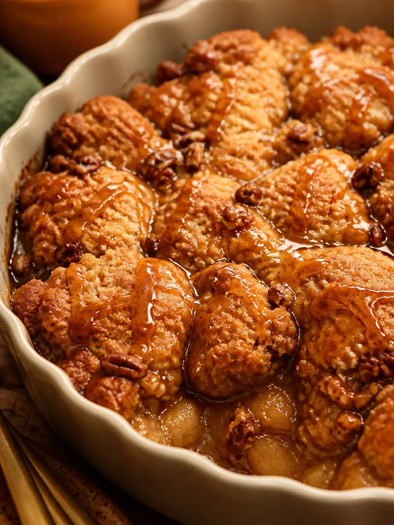 Cobbler de manzana con caramelo recién horneado en un plato